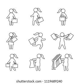Woman with shopping bags and shopping thin line icon set. Vector icons.