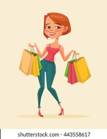 Woman with shopping bags. Vector flat cartoon illustration