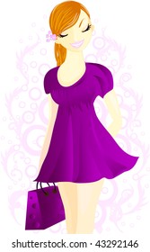 Woman with shopping bags in violet dress.