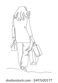 Mujer con bolsas de compras caminando lejos. Vista posterior. Dibujo de línea continua. Ilustración vectorial en blanco y negro en estilo de arte de línea.