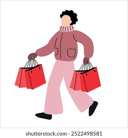 Woman with shopping bags. Winter and Christmas sale. Holiday shopping illustration. 