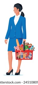 Woman with shopping basket full of fresh products. Grocery store supermarket. Food and drinks. Milk, vegetables, meat, chicken cheese, sausages, salad, bread cereal steak egg. Flat vector illustration