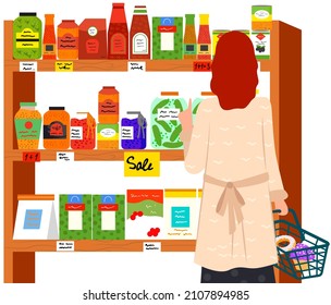 Woman with shopping basket in supermarket. Lady during shopping, customer in mall, retail store. Girl chooses food at grocery store. Female character looking at goods on shelves in supermarket