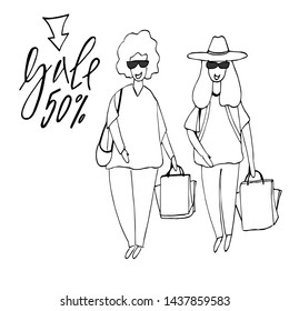  Woman shopping. Big Sale. Buyer girl and shopping bag.  People in shopping center - vector silhouettes. Cartoon stile.