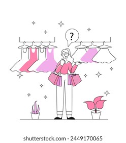 Woman shopping in boutique linear. Young girl with colorful clothes and apparels at hangers. Customer and client choose trendy and fashionable outfit. Simple flat vector illustration