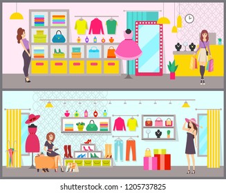 Woman shopping in brand clothes boutique, fashionable brand items vector. Handbags hats, perfume bottles and dresses on mannequins, jewelry necklace