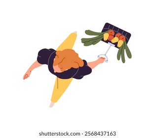 Woman shopping, buys in store overhead. Buyer carries grocery products, fruit in cart on wheels top view. Seen from above customer goes, pulls trolley. Flat isolated vector illustration on white