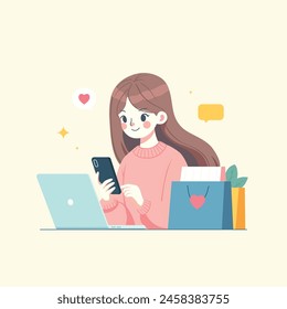 mujer de compras por teléfono móvil. concepto de compras en línea. Ilustración vectorial