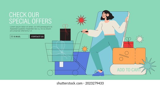 Woman with shopping cart buy presents, gifts online in store or shop through mobile application. Concept of sale, discount special coupon for web banner, ads or socila media and emails. Black friday.