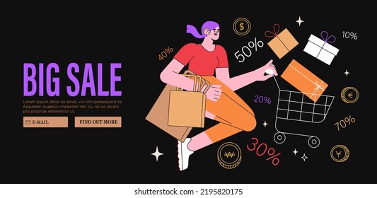 Mujer con carrito de compras compra regalos, regalos en línea en la tienda o en tienda a través de aplicación móvil. Concepto de venta, descuento cupón especial para banner web, anuncios o medios sociales y correos electrónicos. Viernes negro.