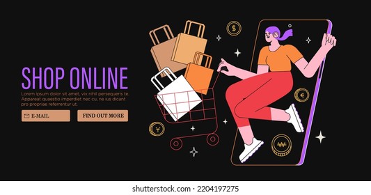 Woman with shopping cart buy presents, gifts online in store or shop through mobile application. Concept of sale, discount special coupon for web banner, ads or socila media and emails. Black friday.