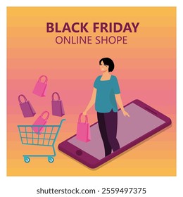 Woman with shopping cart buy presents, gifts online in store or shop through mobile application, representing online shopping discounts during Black Friday promotions. Flat vector modern illustration 