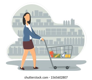 Woman with shopping cart buying food at grocery store. Cute boy walking along shelves with products at supermarket. Daily routine, everyday activity.