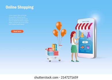 Woman with shopping cart enjoy online shopping on smartphone. Online shopping, e commerce and e store concept.