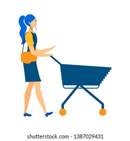 Woman with Shopping Cart Flat Vector Illustration. Young Girl, Student, Wife Buying Food Products Isolated Character. Cartoon Grocery Store Customer, Client Pushing Supermarket Trolley