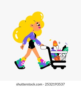 Mujer Con El Carrito de compras Lleno De Comestibles En La Ilustración vectorial Plana Que Simboliza Compras Del Supermercado, Alimentación Saludable, Y Bienes De Consumo, Aislado En El Fondo Blanco