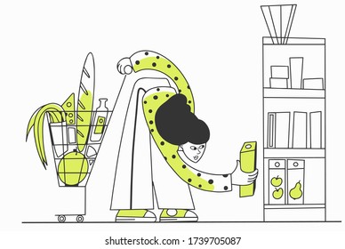 Woman with shopping cart full of products in a grocery store or supermarket. Consumer is choosing products. Doodle line style vector illustration