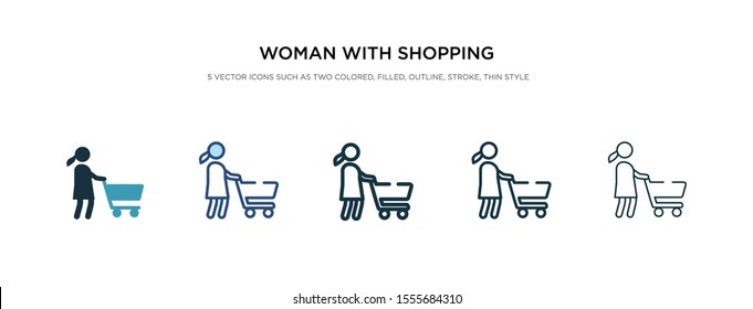 Woman With Shopping Cart Icon In Different Style Vector Illustration. Two Colored And Black Woman With Shopping Cart Vector Icons Designed In Filled, Outline, Line And Stroke Style Can Be Used For