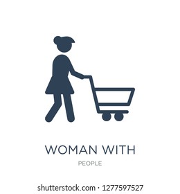 woman with shopping cart icon vector on white background, woman with shopping cart trendy filled icons from People collection, woman with shopping cart vector illustration