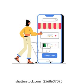 Woman With Shopping Cart Interacting With Online Store In Flat Vector Illustration Symbolizing E Commerce, Online Shopping, And Digital Retail, Isolated On White Background