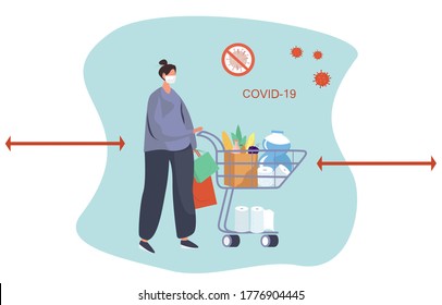 Woman with Shopping Cart Keeping Social Distancing two Metres and Coronavirus covid-19 Prevention in Shop.Character in Medical Mask Buying Groceries.Protect yourself.Flat Vector Illustration