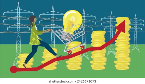 Woman with shopping cart with a light bulb running on higher and higher price for electricity. Dimension 16:9. Vector illustration.