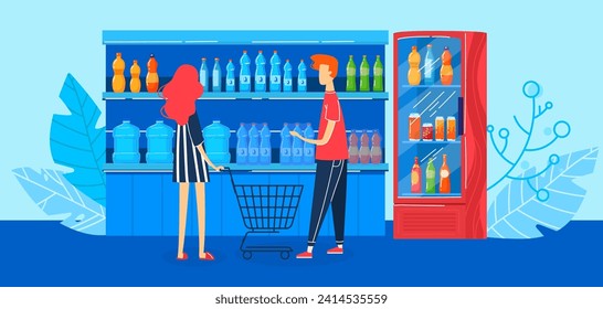 Woman with shopping cart and man selecting drinks at grocery store. Supermarket shopping and beverage aisle concept vector illustration.