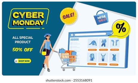 Woman with shopping cart and online discounts. Deep discount offers encourage customers to take advantage of seasonal shopping. Cyber ​​Monday concept. Flat vector illustration.