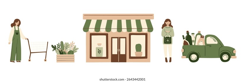 Woman with shopping cart, organic food market, eco grocery store, farm fresh vegetables, sustainable local produce, zero waste, green delivery truck, healthy lifestyle, Hand-drawn vector illustration.