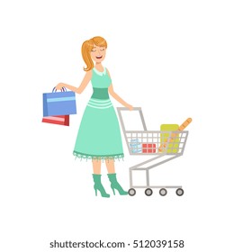 Woman Shopping With Cart And Paper Bags