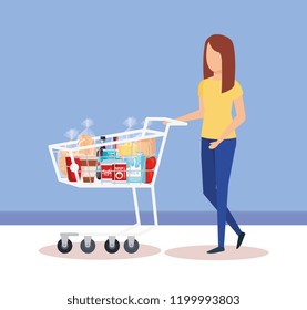 woman with shopping cart and products
