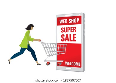 Woman with shopping cart running to online web shop with super sale.  Vector illustration.