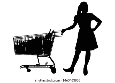 The woman with shopping cart silhouette vector