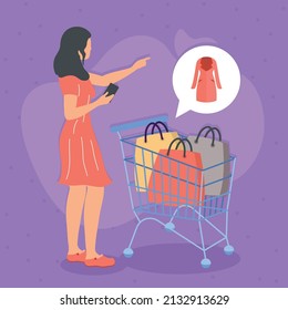 woman with shopping cart and smartphone