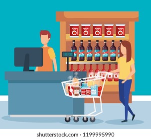 woman with shopping cart in supermarket