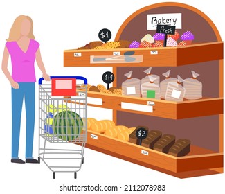 Woman with shopping cart in supermarket. Lady during shopping, customer in mall, retail store. Girl chooses pastries, bread at grocery store. Female character looking at bakery in hypermarket