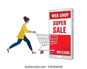 Woman with shopping cart, trolley running to supersale in web shop. Vector illustration. 