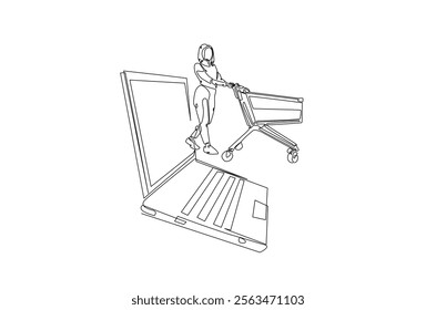 woman with shopping cart walk out from laptop in continuous one line drawing. Sale, digital lifestyle, E-commerce, digital marketing and online shopping concept.