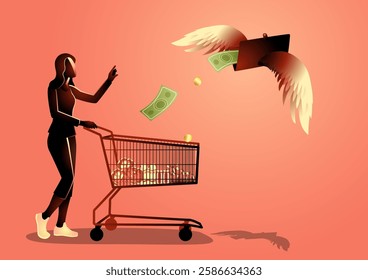 Woman with a shopping cart watching her purse fly away, dropping cash. Perfect for themes of overspending, financial loss, inflation, or daily life expenses