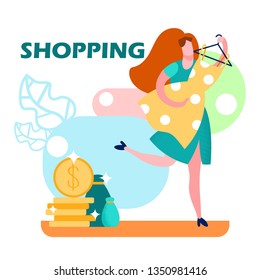 Woman in Shopping Cartoon Vector Illustration. Womens Clothing Special Offer. Girl Running with Retro, Vintage Gown. Polka Dot Dress on Hanger. Store, Boutique Sales Assistant. Purchase. Coins Stack