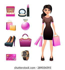 Woman shopping character with fashion accessories jewelry and cosmetics elements isolated vector illustration