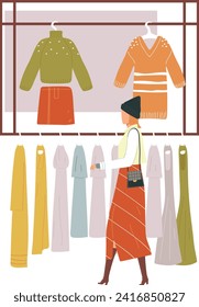 Woman shopping for clothes in a boutique. Fashionable lady choosing outfits, casual style. Shopping spree and wardrobe update vector illustration.