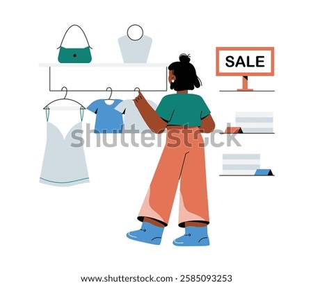 Woman Shopping For Clothes In Flat Vector Illustration Symbolizing Retail, Fashion, Discount Sales, And Consumer Behavior, Isolated On White Background
