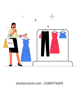 Woman Shopping For Clothes At A Retail Store In Flat Vector Illustration Symbolizing Fashion, Apparel Buying, And Retail Shopping, Isolated On White Background.