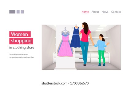 Woman shopping in a clothing store. Mom with little daughter choosing and trying on dress clothes during shopping at garment supermarket. Fashion, bags, accessories landing page vector