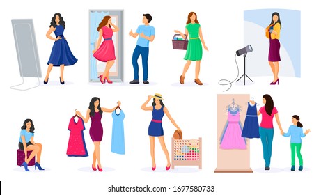 Woman Shopping In A Clothing Store. People Shoppers Man Woman Kids Daughter Choosing And Trying On Dress Clothes During Shopping At Shop Boutique. Fashion, Accessories. Women Try Hats, Shoes Vector