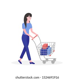 Woman shopping concept. Girl rolls a supermarket shopping cart with boxes. Trendy flat style. Isolated on white background. Vector illustration.