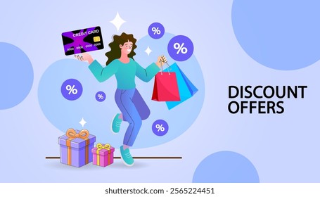 Woman shopping with credit card. Cashback money refund sale for shopping card payment. people use online shopping services. Smartphone marketing and e-commerce. delivery service concept. Vector