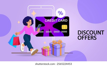 Woman shopping with credit card. Cashback money refund sale for shopping card payment. people use online shopping services. Smartphone marketing and e-commerce. delivery service concept. Vector