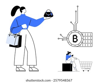 A woman shopping with cryptocurrency on her phone and holding a purse next to a shopping cart, Bitcoin symbol, and bags. Ideal for e-commerce, cryptocurrency, digital buying, online transactions